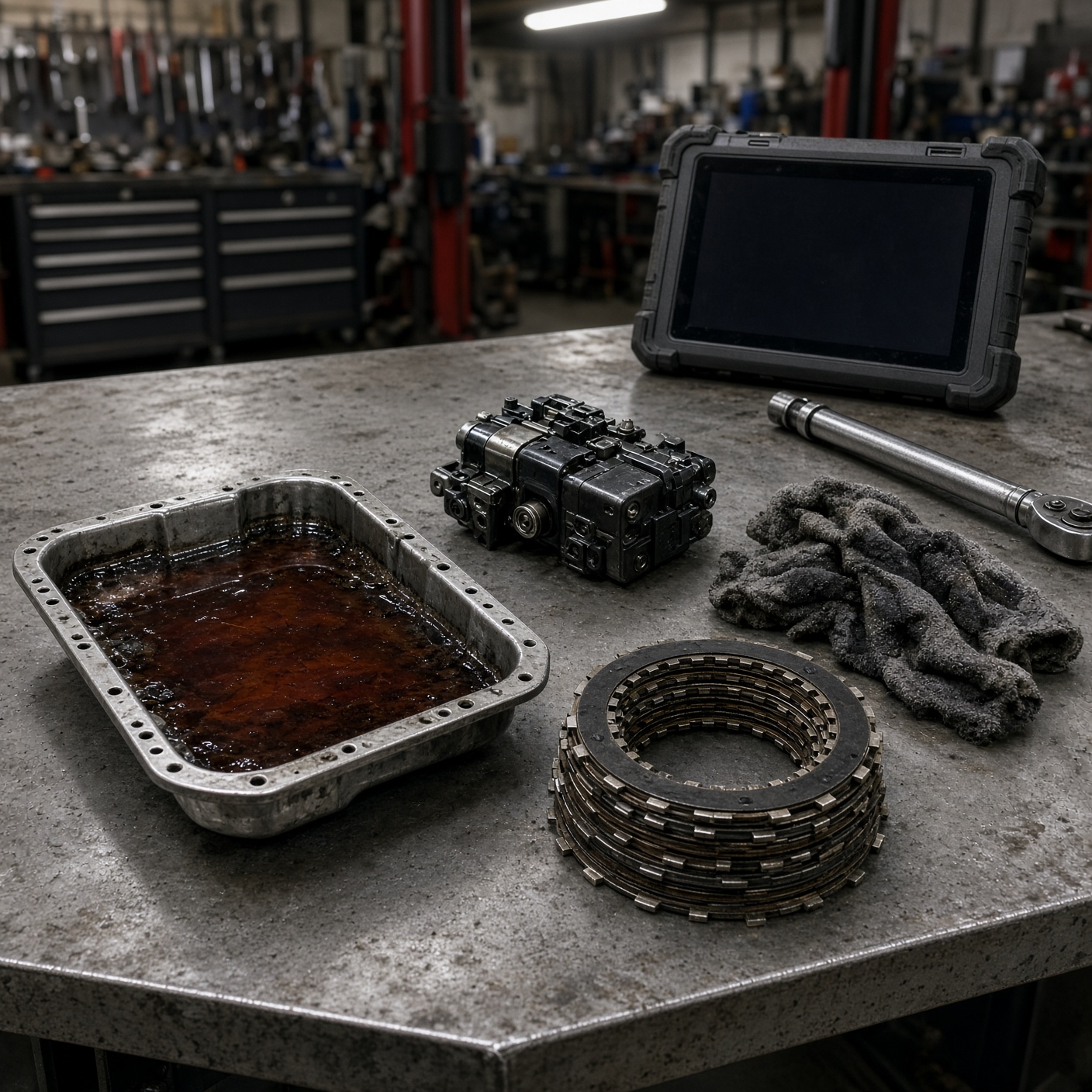 Transmission pan, clutch plates, and a scan tool on a steel workbench