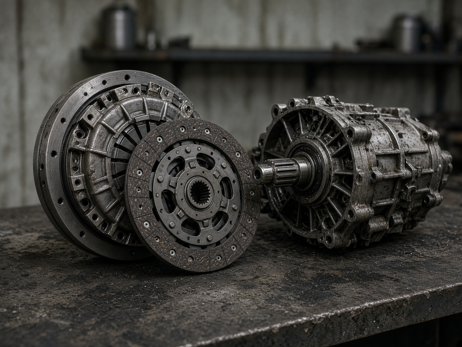 Clutch disc and flywheel on a shop bench