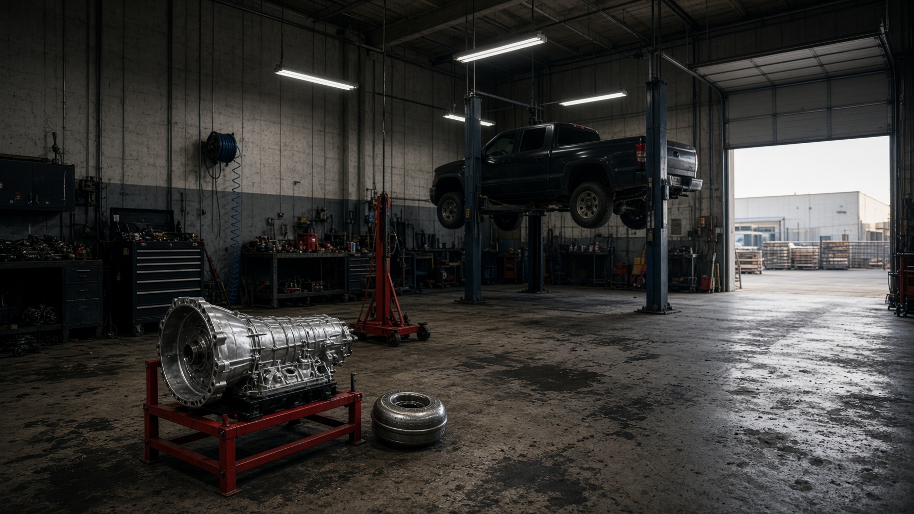 Rebuilt transmission on a stand in the TNT bay, pickup on the hoist behind it