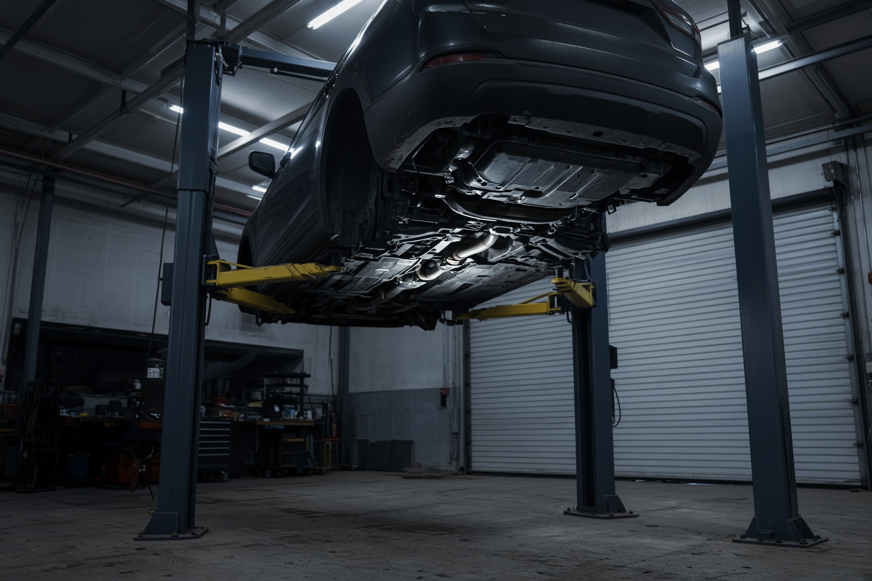 Vehicle on a two-post hoist with the transmission pan exposed