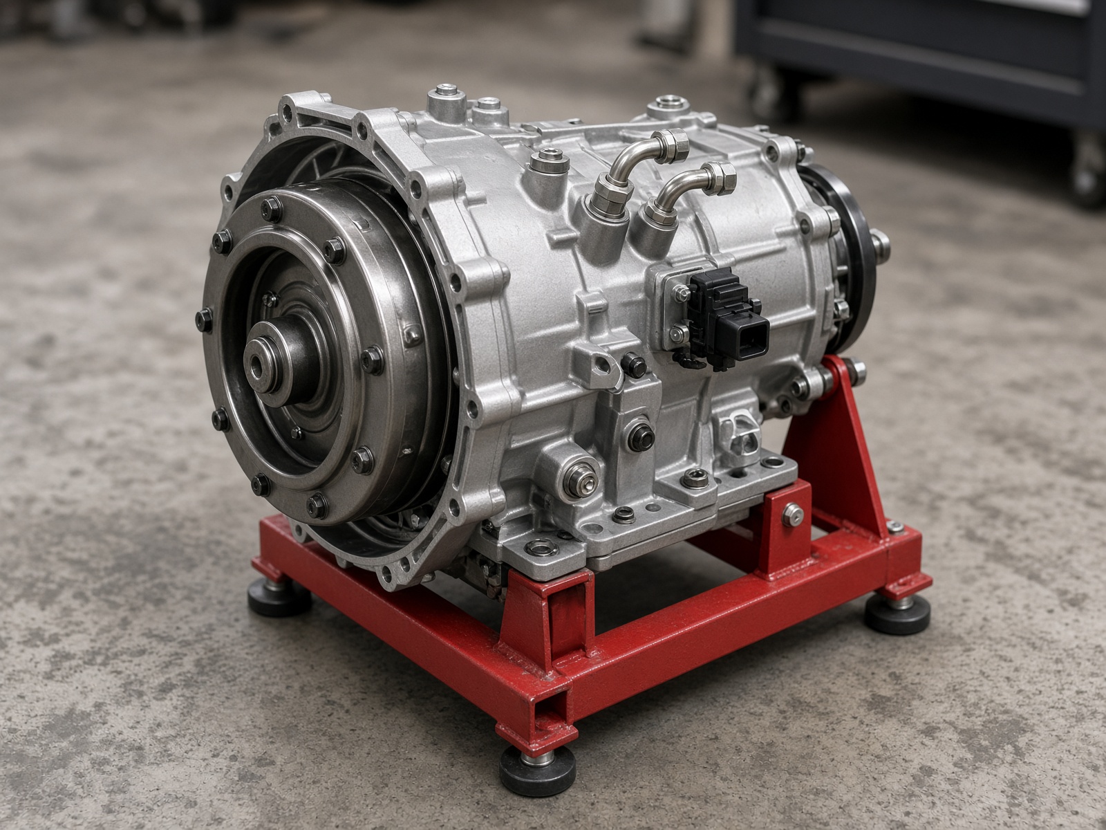 A rebuilt automatic transmission on a shop stand